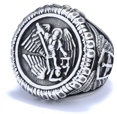 St. Michael Ring für Männer, Vintage Cross Shield Ring, Viking Angel Wings Ring, Saint Michael der Erzengel Ring, Religiöser Amulettring, Punk Christian Faith Schmuck (19.8)