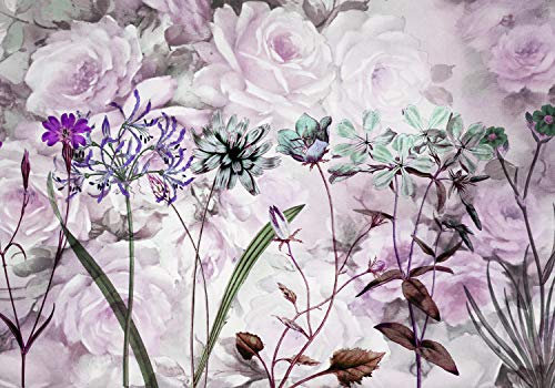 wandmotiv24 Fototapete Blumen Rot Gemälde, 300 x 210 cm - selbstklebende Strukturtapete, Wanddeko, Wandbild, Wandtapete, Aquarelle, Design, Blüten M1734