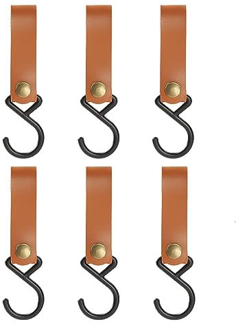 Mikihat 6 Piezas Ganchos en S para Colgar, Ganchos para Colgar Camping, Ganchos de Cuero en S, Ganchos de Cuero PU Marrón para Ollas, Linternas, Abrigos, Toallas, Cocina, Exterior, Mochila