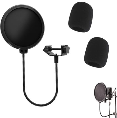 Mikrofon Popschutz, Mikrofon Pop Filter, Popfilter für Mikrofone, Mit 2 Mikrofonabdeckung Schaumstoff, Doppellagiger Wind-Pop-Schutz für Mikrofone mit 360° Schwanenhals Clip für die Meisten Mikrofone