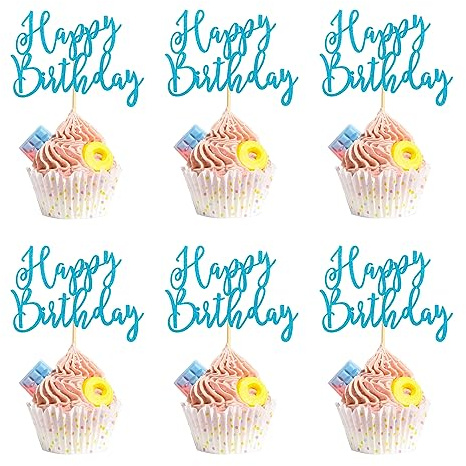 Arthsdite 36 Stück Happy Birthday Cupcake Toppers Geburtstag Cupcake Food Picks für Feiern Happy Birthday Party Kuchen Dekorationen Supplies – Bule Glitter