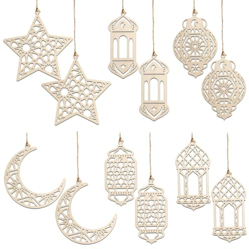 12 Stück Ramadan Deko, Ramadan Dekoration Set, Eid Mubarak Dekoration Ramadan Geschenke Islam Deko Ramadandeko Holz Zum Aufhängen Für Wohnzimmer Schlafzimmer Balkon
