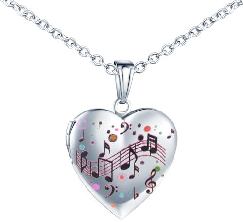 INFINIONLY Damen Mädchen Herz Medaillons Halskette Mode Edelstahl Ketten mit Buntes Musiknotenmuster Anhänger Personalisierte Foto Kette Souvenir Anhänger, Silber