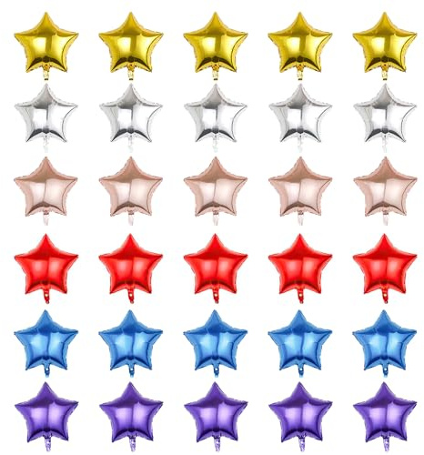 Zuisytm 30pcs Gold, Silver, Rosegold, Red, Blue, Purple Star Foil Balloons (10 inch) for Multiple Occasions