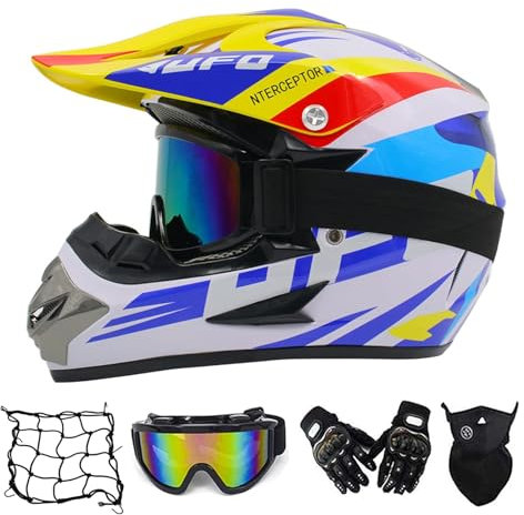 MRDEER Motorrad Crosshelm mit Brille Handschuhe Staubmaske, Motocross Fullface MTB Cross Helm Motorradhelm für Downhill Enduro Bike BMX Off Road ATV (Blau,L)