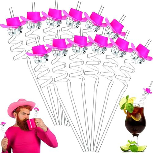 12 pezzi Cannucce Palla da Discoteca, Cannucce per Cocktail Riutilizzabili, Ricurve Cannucce di Plastica, Cannucce a Specchio in Plastica, per Feste di Compleanno, Bar a Tema Anni '70, con Cappello