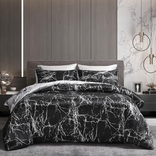 Gezu Biancheria da letto in raso lucido, 200 x 200 cm, in seta liscia, satinata lucida, di lusso, colore nero, bianco, grigio, set di biancheria da letto, effetto marmo, copripiumino reversibile, 200