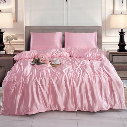 Hadi London Slik Satin Duvet Cover Sets - Luxurious Bedding with Zip Fastening - Soft and Breathable Quilt Cover with 2 Pillowcases - Available in Single, Double, and King Sizes (BABY-PINK, SINGLE)