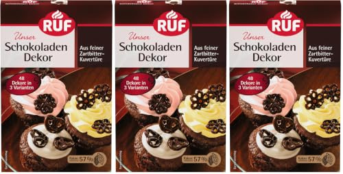 RUF Schokoladen-Dekor, 48 Ornamente aus Zartbitter-Kuvertüre, zum Garnieren & Dekorieren von Torten, Kuchen, Gebäck & Eis, glutenfrei & vegan,1 x 38g (Packung mit 3)