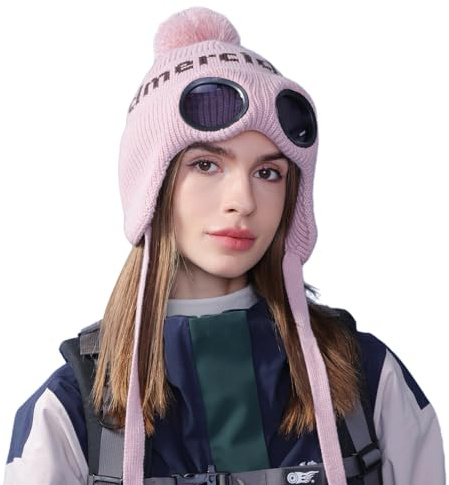 AYPOW Bonnet en Tricot Chaud d'hiver avec Cache-Oreilles et Lunettes Détachables, Femme Doublure en Polaire Thermique Coupe-Vent Bonnet de épais Ski Randonnée Cyclisme, Bonnet pour Sports en Plein Air