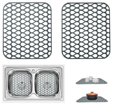 VIRAHYEM 2 Pack Silicone Sink Mat, Foldable Non-Slip Kitchen Sink Protector Mat Silicone Mats Countertop Protector for Stainless/Porcelain Steel Sink, Dishes and Glassware Drain Mat, 34.5 x 29.5cm
