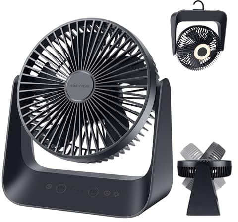 HONEYYEAR Portable Desk Fan with Temperature control mode, 5000mAh 30H Max Coolling, 6 inch USB Fan Silent Powerful Wind Up To 6m/s, Mini Desktop Fans with Light & Hook for Bedroom Office Home Travel