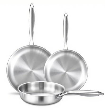 DELARLOCHEF Edelstahlpfanne 22+26+30 cm, Durchgehend 3-lagig Bratpfanne | Unbeschichtet, Induktions, Hocheffiziente und Energieeffiziente Pfannen für Steak, Ei, Spülmaschinenfest