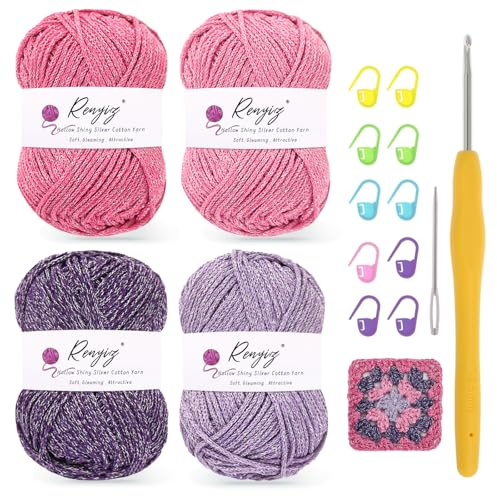4 Pack Crochet Yarn for Beginners – Hollow Shiny Silver Cotton DK Yarn, 50g/100m Skein with 3.5mm Hook & Tools – Soft Sparkling for Granny Squares, Knitting & Amigurumi (Rose+Pink+Lavender)