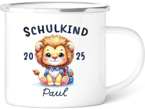 GRAVURZEILE Emaille Tasse für Kinder - Schulkind Löwe - Personalisiert mit Namen - versch. Motive - 300 ml - Trinkbecher für Kinder - Geschenk zur Einschulung für Jungen & Mädchen