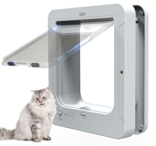 Deluxe Mart Katzentür, Mikrochip-Katzenklappe, selektiver Einstieg, mit 2 Sensorhalsbändern und 1 Fernbedienung, Öffnungsgröße: 19 x 19 cm, Weiß