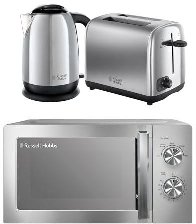 Russell Hobbs Classics Polished Stainless Steel Kitchen Set, 1.7L 3000W Kettle, 2 Slice Toaster with Variable Browning Levels & 20L 800W Microwave with 5 Power Levels, CLCSBNDL2SS