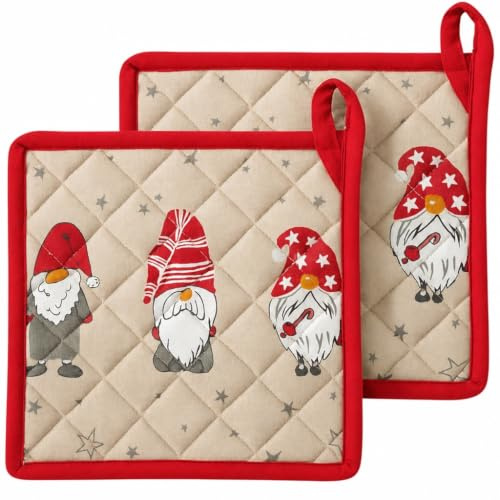 MIJOMA Topflappen 2er Set 20x20 cm – Weihnachtsdesign mit Wichteln – Topflappen Baumwolle mit Aufhängeschlaufe – Xmas Küchentextilien für die Adventszeit