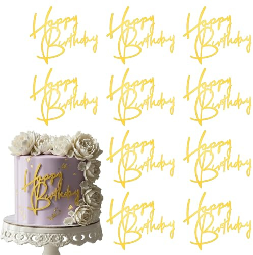 Gold Happy Birthday Cake Topper 10 Pack, Acrylic Cupcake Toppers Birthday Cake Decorations, Gold Glitter Party Supplies for Anniversary Wedding Celebration