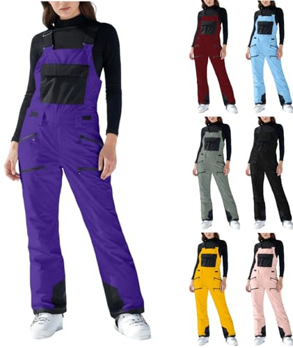 Generisch Pantalon de ski pour femme - Imperméable - Doublure thermique - Bretelles avec salopette réglable - Coupe-vent - Pantalon de snowboard - Mode d'hiver - Pantalon softshell léger - Combinaison