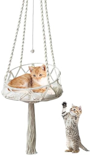 Hamaca para Gatos de macramé de 16 x 51 Pulgadas, Columpio para Gatos con riel Inclinado, Hamaca Estilo Bohemio con Borla y Bola con Cuerda, Cama Colgante para el hogar, Sala de Estar, Interior, s