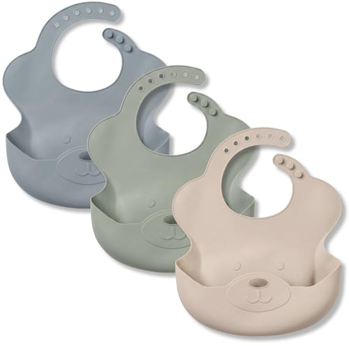 Broemba Bavoir Silicone Lot 3 Ramasse-Miettes Sans BPA Bébé Beige Vert Bleu