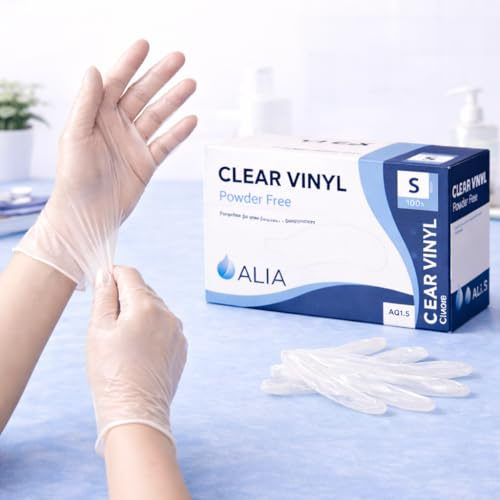 ALIA 100 x Disposable Clear Vinyl Powder-Free Gloves | Size Small | | Comfortable Fit | Powder-Free | Clear Vinyl | Easy On & Off | Size Small | Convenient for Home, Cleaning & Care | Pack of 100