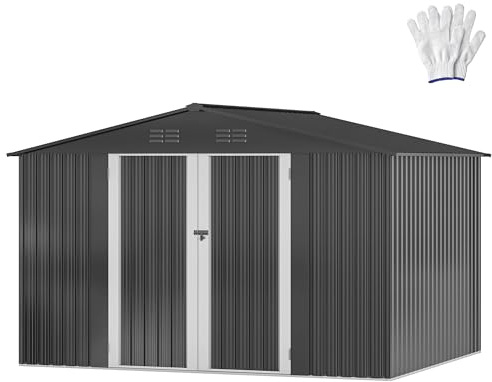 DWVO Metall Gerätehaus 10x8 Fuß (ca. 292x225x194 cm), wasserdichter Gartenschuppen mit abschließbarer Tür & Belüftung, Stabiler Werkzeugschuppen für Fahrräder, Rasenmäher & Gartengeräte –Dunkelgrau