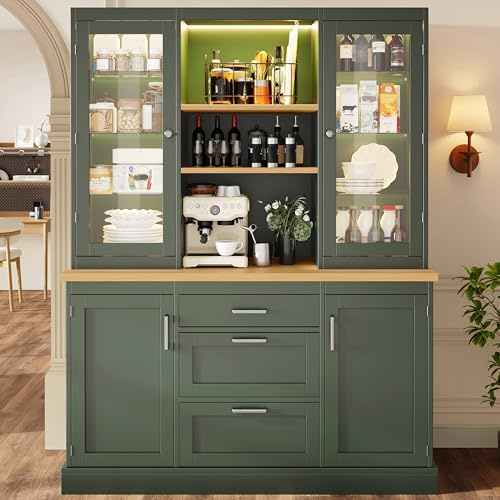 Ligterra Armadio alto, buffet, armadietto da cucina, vetrina, credenza, armadietto per vino con illuminazione controllata, 3 cassetti, piano di lavoro, ripiani regolabili, 140 x 40 x 185 cm (verde)