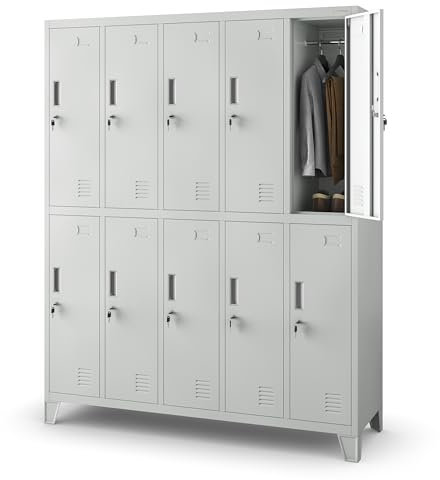 Jan Nowak Umkleideschrank 5B2A Spind Spint Schließfachschrank Metallschrank mit 10 Fächern Etikettenhalter Lüftungsschlitze Metall Pulverbeschichtet 172 cm x 136 cm x 45 cm (Grau)