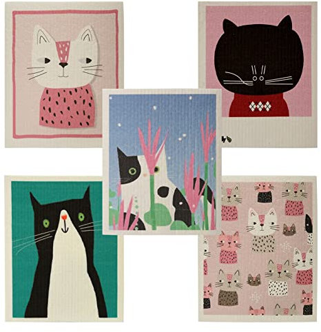 KABAKE Reusable Swedish Dishcloths, Pack of 5 Cellulose Sponge Cloths, Eco-Friendly Absorbent Reusable Dish Cloth, Kitchen Eco-Friendly Odorless Cleaning Cloth (Cats)