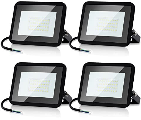 Randaco Lot de 4 spots extérieurs LED 30W Blanc Froid, Projecteur LED extérieur puissant 2550LM 6000K d'éclairage de sécurité, IP66 étanche Éclairage LED pour Cour, allées(sans prise)