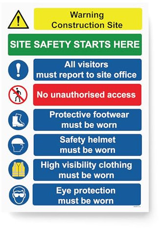 RDLCAR Multi Hazard Site Safety Warning Sign - Notice Board for Wall, Outdoor Use, Building Construction Sites Under Health and Regulations, 600mm x 800mm, 5mm Thick, Corrugated PVC (RDL UK 014)