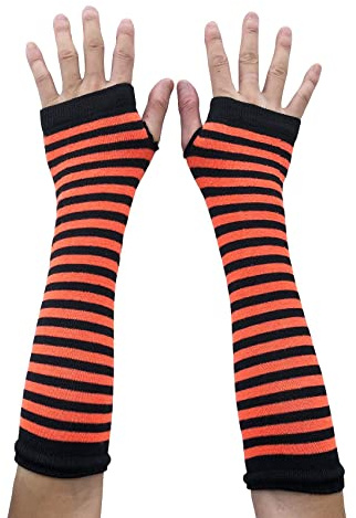 AUSUAYA Gestreifte Handschuhe, lang, fingerlos, gestrickte Armstulpen für den Winter, für Punk, Rock und Cosplay, Gothic, Halloween-Party, GB-WM-S-G5