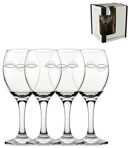 Engraved Waves Pattern Pure Wine Glasses, Set of Four 11oz/325ml Glasses, Laser Engraved in The UK, Gift for Her, Mum, Grandma, Auntie, Mothers Day, Birthday
