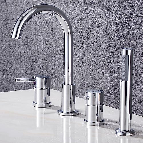 XJTNLB Wannenrandarmatur 4 Loch Badewannenarmatur, Mischbatterie Badewanne mit Brause Dusche Badewanne Armaturen Set Chrom