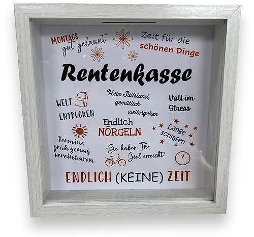 BUSDUGA 4309 Sparkasse Bilderrahmen RENTENKASSE, 20x20x5cm, Spardose Geldgeschenk (Holzoptik weiß)
