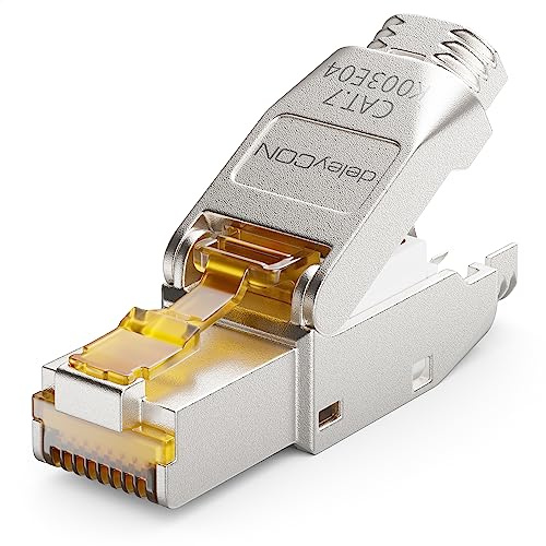 deleyCON 1x CAT 7 Conector de Red RJ45 Sin Herramientas Apantallado Enchufe de Red 10 Gbit/s 600 MHz Para Cable de Conexión Rígido Cable en Crudo Conector de Enchufe RJ45 Ethernet Cable de Parcheo