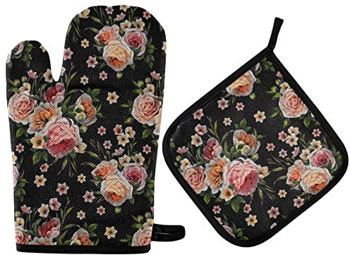 Guanti Da Forno E Presine Da Cucina Set Fiore Tutto Nero Guanti Da Forno Professionale Set Di Guanto Da Forno Pratico Presine Da Cucina Per Cottura Cucinare Grill