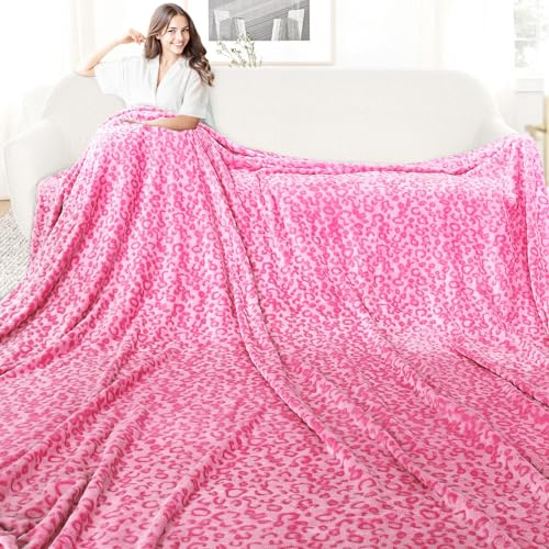 King Size Fleece Blanket for Bed, Oversized Soft Plush Full Size Pink Throw Blanket for Bedroom, Lightweight Cute Pink Cheetah Home Decor, All-Season Cozy Gifts for Adults Couples 90x108