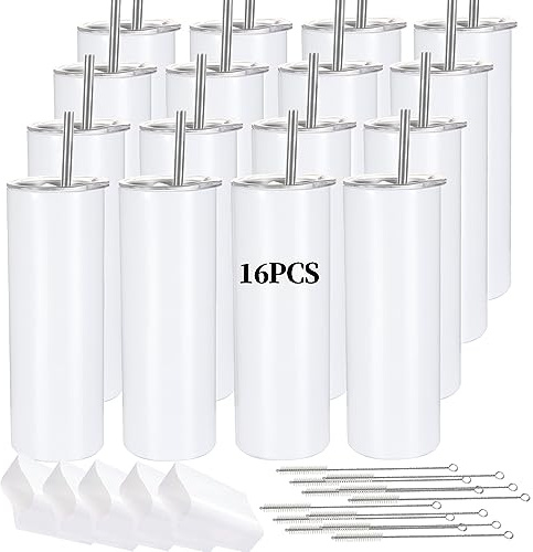 16 Pack Sublimation Tumblers Straight Skinny Tumbler Blanks Bulk 20oz for Heat Transfer, Individual Gift Boxed, Double Wall Insulated Tumbler with Shrink Wrap & Straws