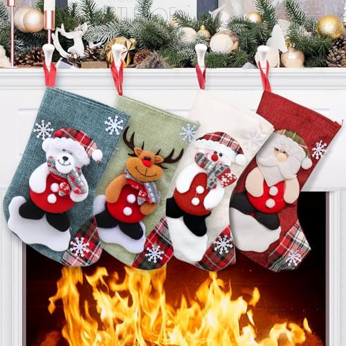 QZOSZ Nikolausstiefel Zum Befüllen, Nikolausstrumpf Jute Weihnachtsstrumpf Kamin Weihnachtsdeko, 4er Set Hängende Weihnachtsstrümpfe Weihnachtssocken Kamin Weihnachtsbaum Weihnachten Deko