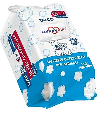 Amore Mio | 110 Salviette al Talco Maxi Formato, Igienizzanti e Purificanti, per il Manto di Cani, Gatti e Animali Domestici, Disinfettanti, 30x20 cm - 1 Confezione da 110 Salviettine