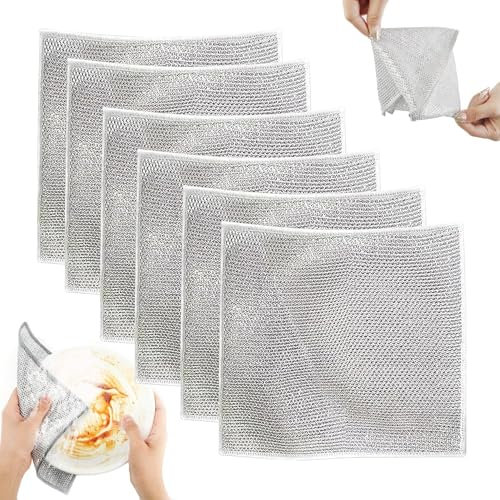 Zoreni Double Layer Multifunctional Non-Scratch Wire Dishcloth, Steel Wire Dish Towel, Multipurpose Wire Dishwashing Rags for Wet and Dry, Scrubs & Cleans for Dishes, Sinks, Counters, Stove Tops (6)