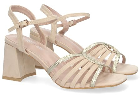 shoes&blues.es 81574-Sandalia de Tacon para Mujer, Comodas, con Adorno en la Pala, Cierre de Hebilla, Ideal para Eventos.. Talla 39 Beige