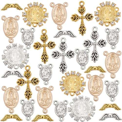 PH PandaHall 110PCS Legierung Rosenkranz Kreuz und Zentrum wundertätige Medaille Charms Oval Flach Rund Flügel Kronleuchter Links für Ostern DIY Ohrring Armband Halskette Schmuck machen
