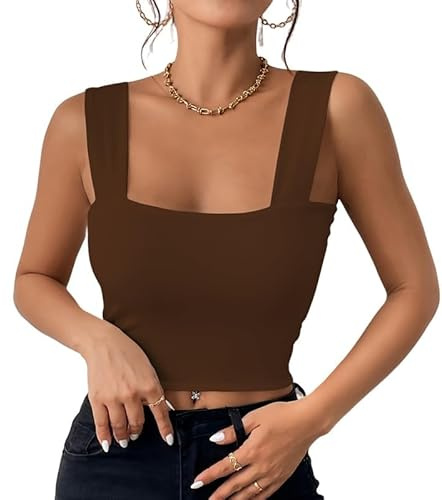Haibang Canotta Donna Elegante Estive Crop Top Sexy Slim Fit Tank Top Senza Maniche Canottiera Corto Sportiva con Scollo Quadrato Basic Aderente Sottogiacca Moda Maglietta Clubwear Tinta Unita Shirt