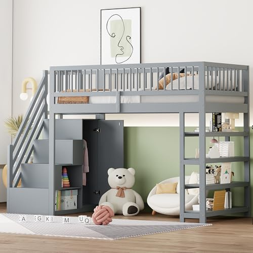 Kinderbett Etagenbett 90 x 200, Hochbett mit Kleiderschrank und Treppe, Multifunktionsbett mit Schrank und Stauraum Lagerregal, Stockbett Spielbett Jugendhochbett, Massivholz, Ohne Matratze, Grau