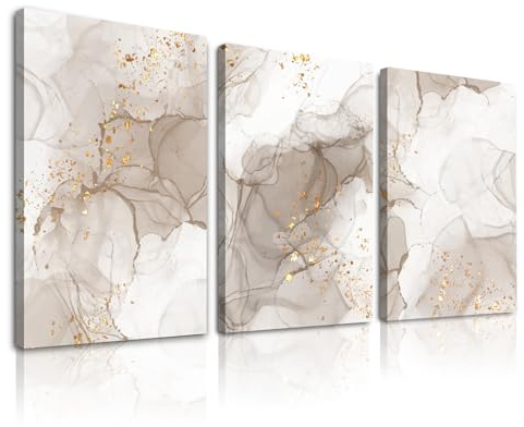 Beige Abstract Wall Art Set of 3,Beige Gold Boho Wall Decor Living Room,Netural Tones Mid Century Modern Framed Wall Art,Netural Boho Canvas Art Wall Decor Paintings for Bedroom Bathroom-12 x 16