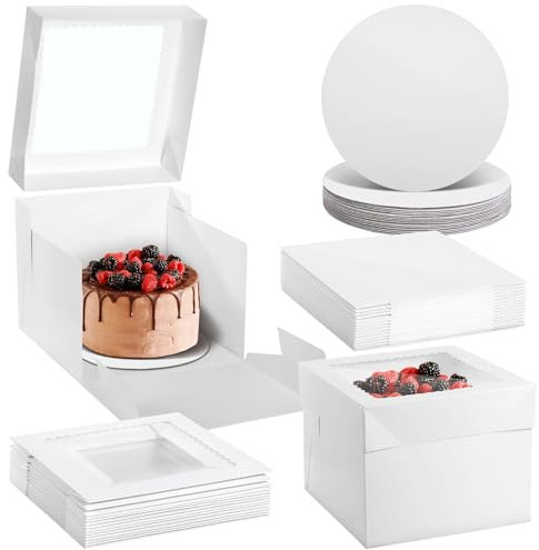 Varku Lot de 15 boîtes à gâteau avec 15 boîtes à gâteau et 15 planches, blanches, 25,4 x 25,4 x 20,4 cm, boîtes à gâteaux jetables avec couvercle pour gâteaux, pâtisseries, tartes, cupcakes